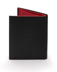 Compact leather wallet with 6 credit card slots and 2 ID windows, black with red, back