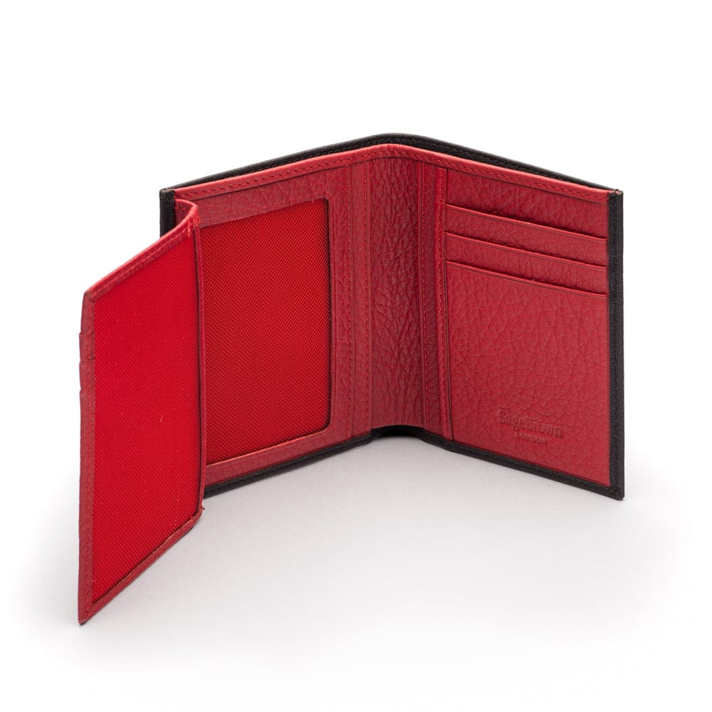 Compact leather wallet with 6 credit card slots and 2 ID windows, black with red, extra page