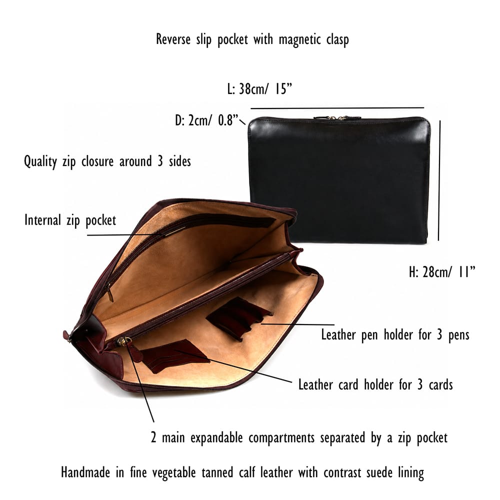 Leather A4 document case, features and dimensions