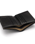 Bifold leather wallet with 6 credit cards, black, open