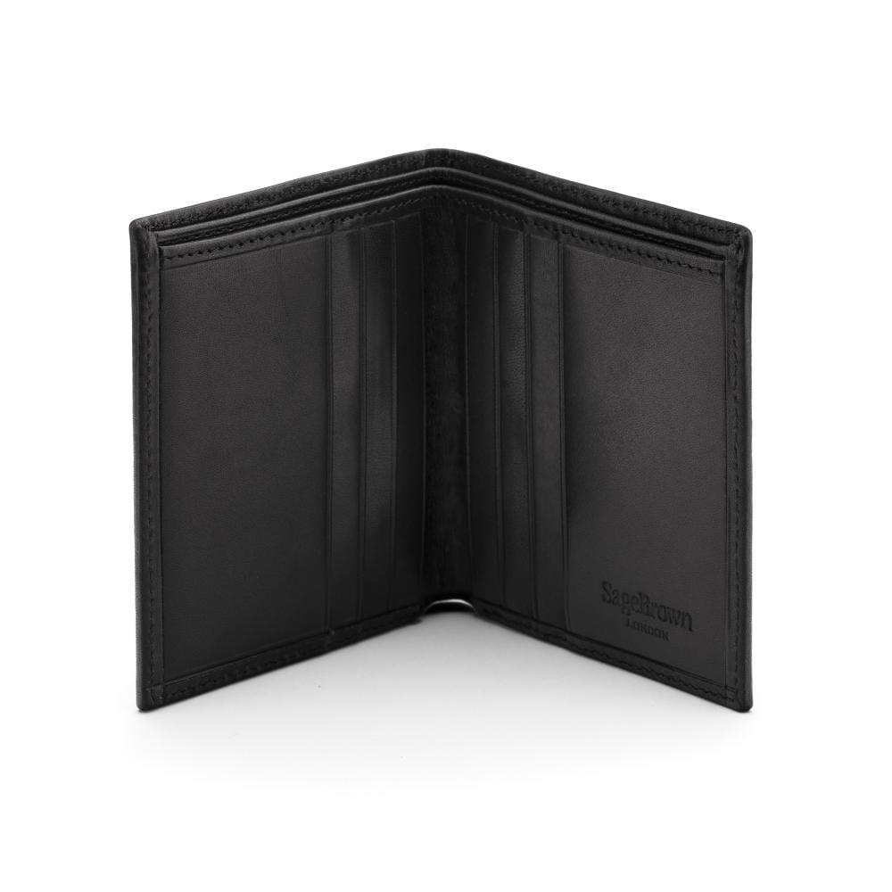 Bifold leather wallet with 6 credit cards, black, inside
