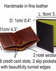 Bifold leather wallet with 6 credit cards, features and dimensions