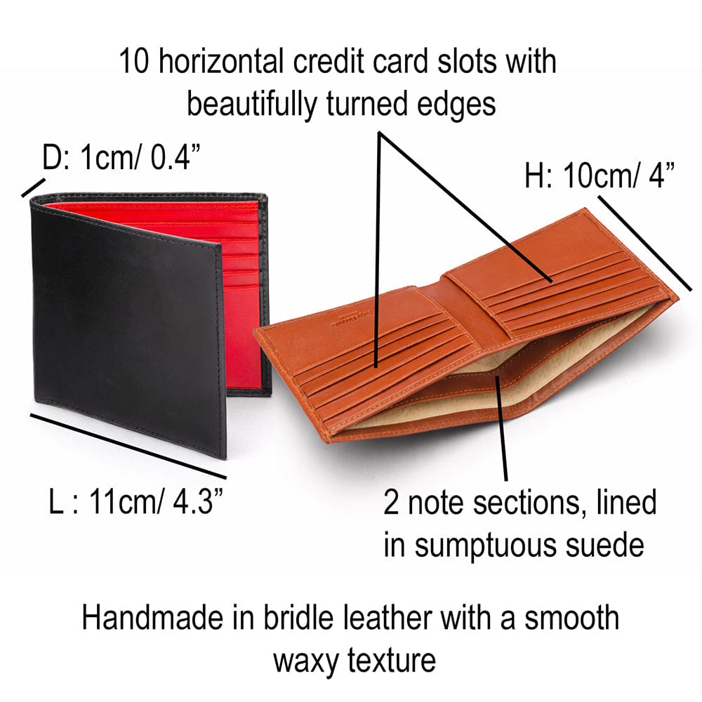 Men's bridle leather billfold wallet, features and dimensions