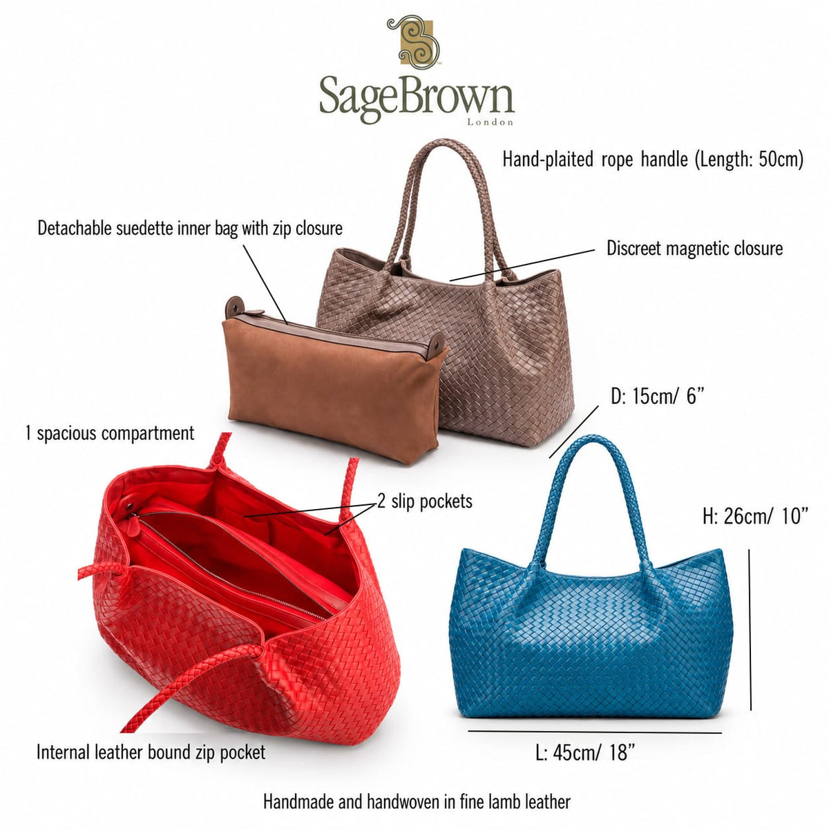 Woven leather slouchy bag, features and dimensions