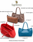 Woven leather slouchy bag, features and dimensions