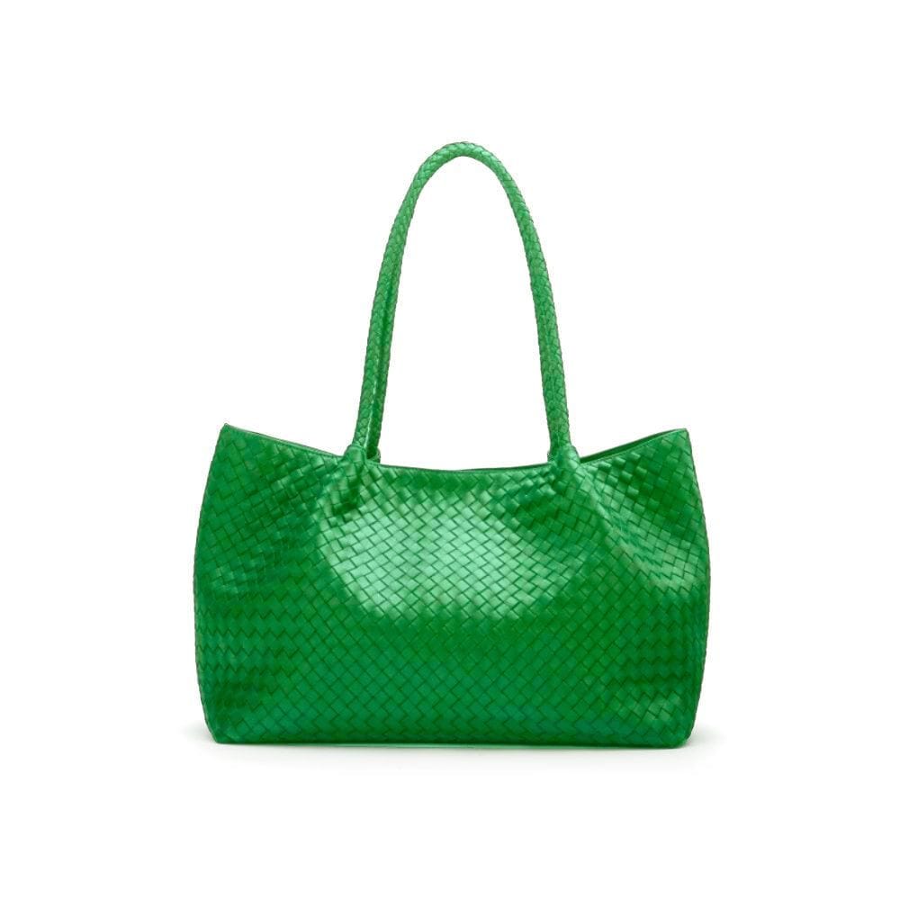 Woven leather slouchy bag, emerald, front view