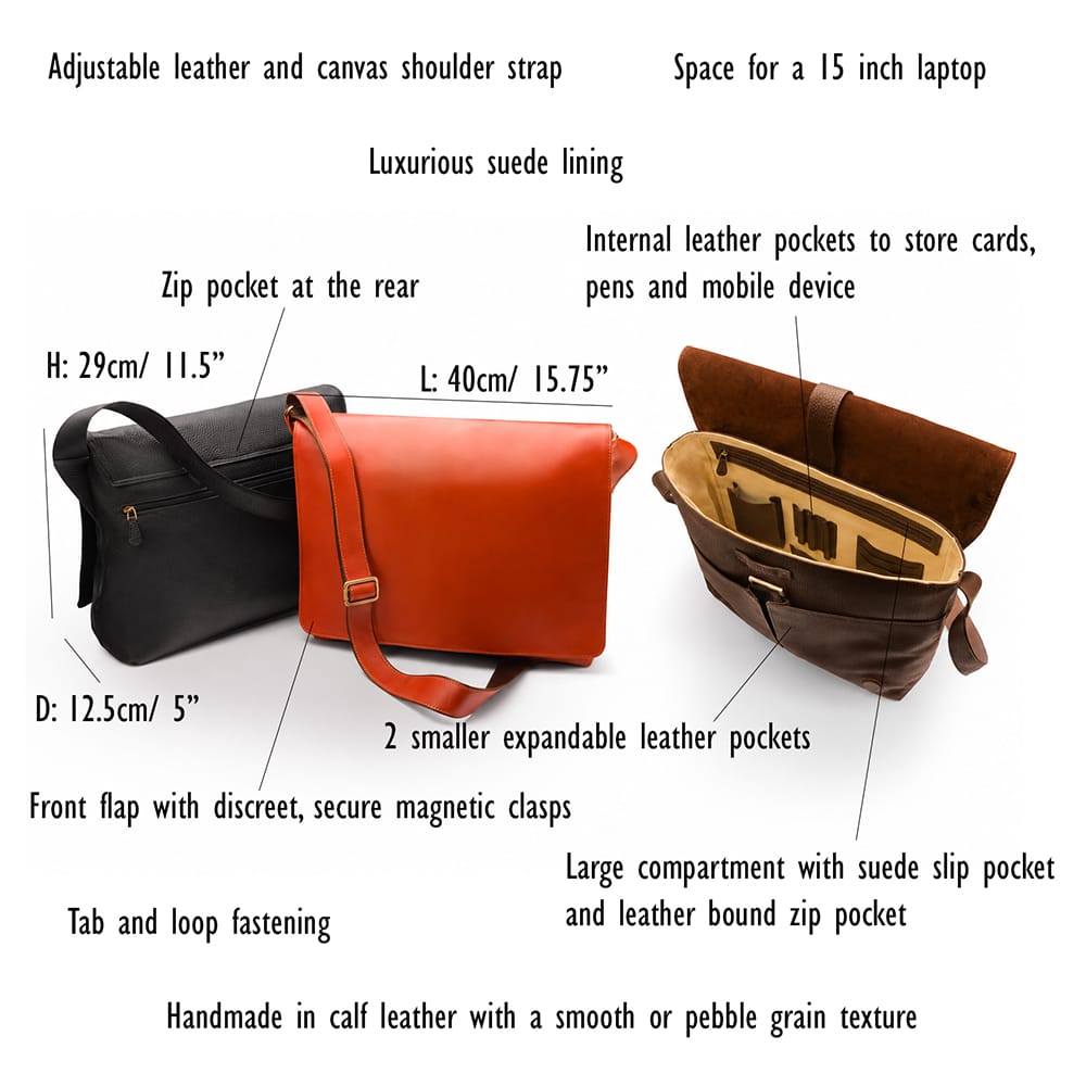 Men's large leather messenger bag, dimensions and features