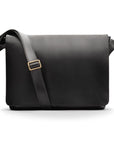 Men's large leather messenger bag, black, front view