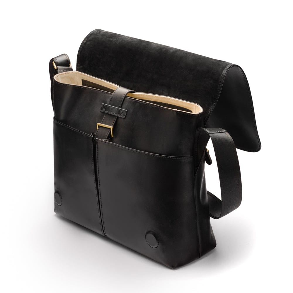 Men's large leather messenger bag, black, open