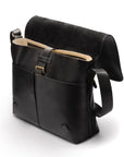 Men's large leather messenger bag, black, open