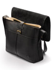 Men's large leather messenger bag, black pebble grain, open