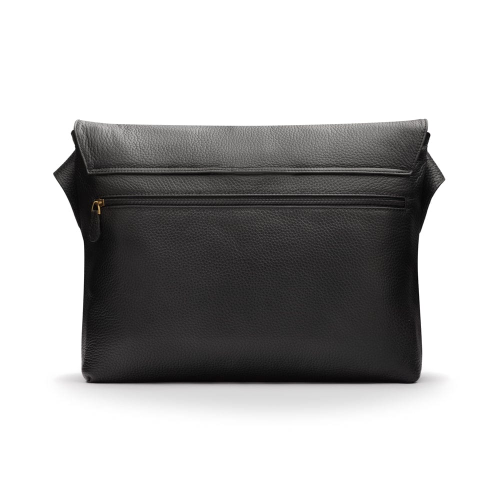 Men's large leather messenger bag, black pebble grain, back