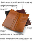 Tall leather wallet with 8 card slots, features and dimensions