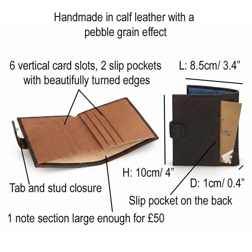 Compact leather billfold wallet with tab, features and dimensions
