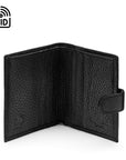 Compact leather RFID billfold wallet with tab, black, open