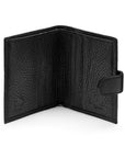 Compact leather RFID billfold wallet with tab, black, open view