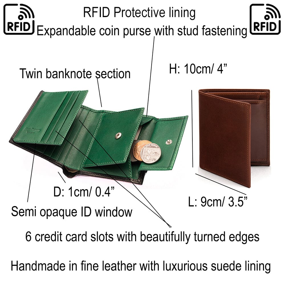 Compact RFID leather wallet with coin purse, features and dimensions