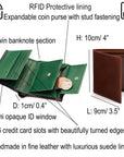 Compact RFID leather wallet with coin purse, features and dimensions