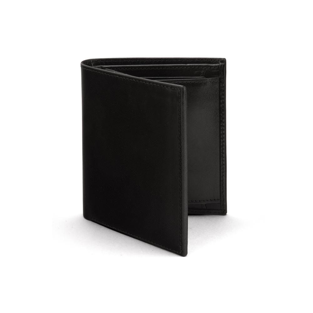 Compact RFID leather wallet with coin purse, black, front