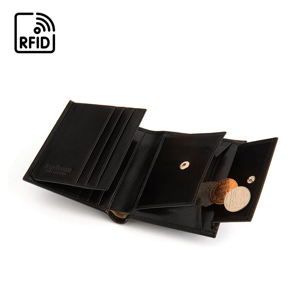 Compact RFID leather wallet with coin purse, black, open