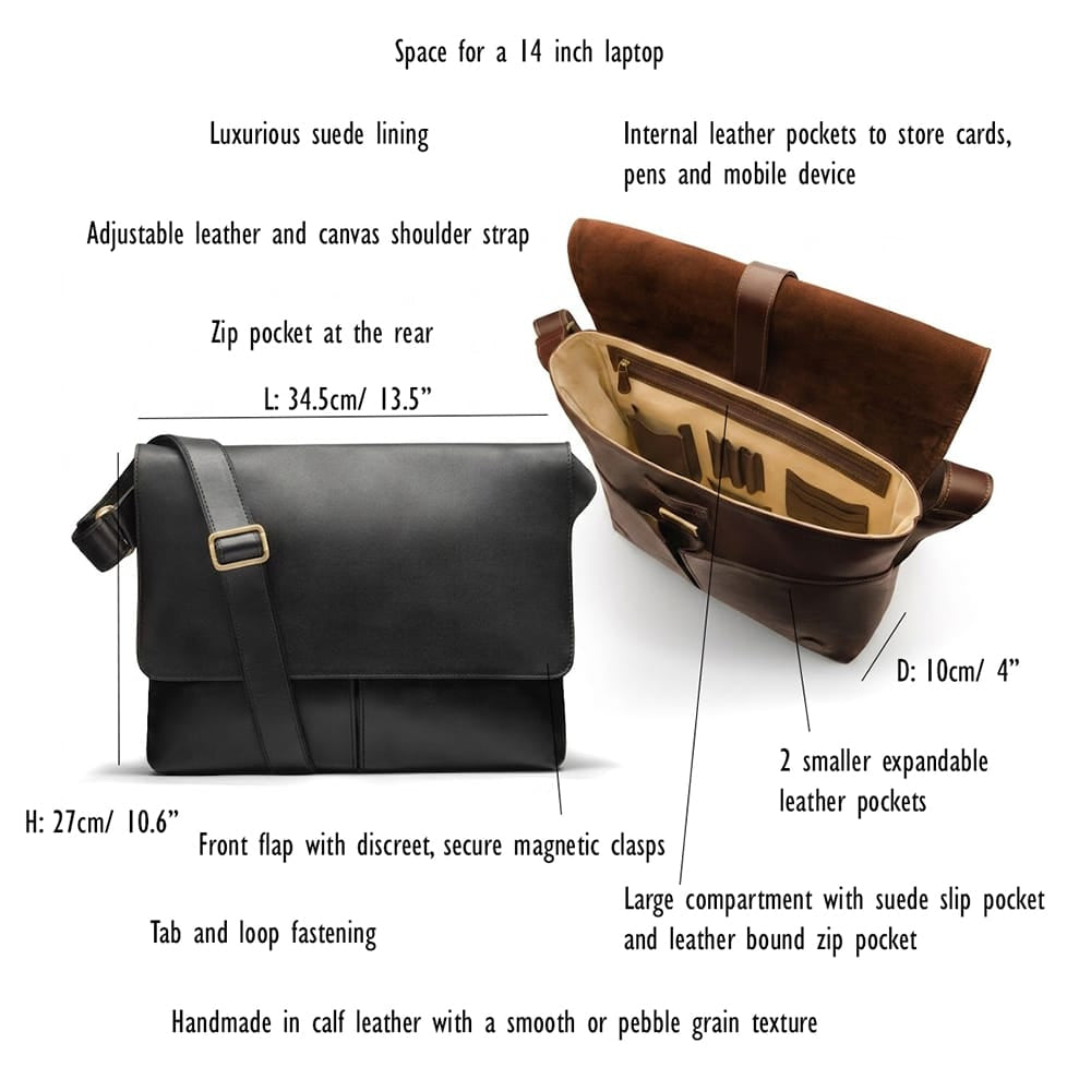 Leather messenger bag, dimensions and features