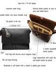 Leather messenger bag, dimensions and features
