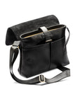 Leather messenger bag, black, open