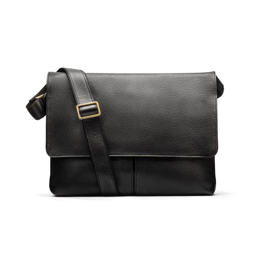 Leather messenger bag, black pebble grain, front