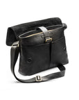 Leather messenger bag, black pebble grain, open