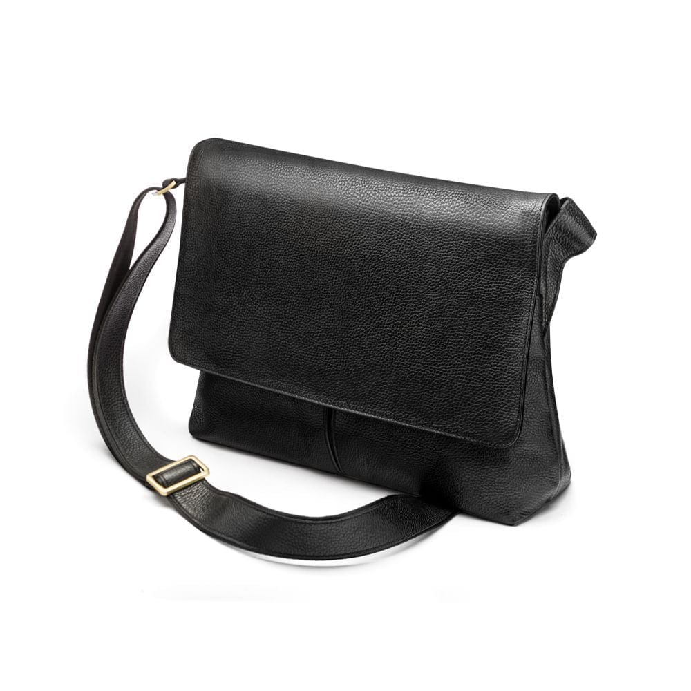Leather messenger bag, black pebble grain, side