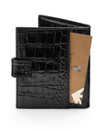Compact leather RFID billfold wallet with tab, black croc, back