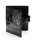 Compact leather RFID billfold wallet with tab, black croc, with tab closure