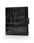 Compact leather RFID billfold wallet with tab, black croc, front