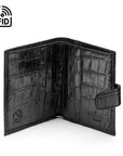 Compact leather RFID billfold wallet with tab, black croc, open