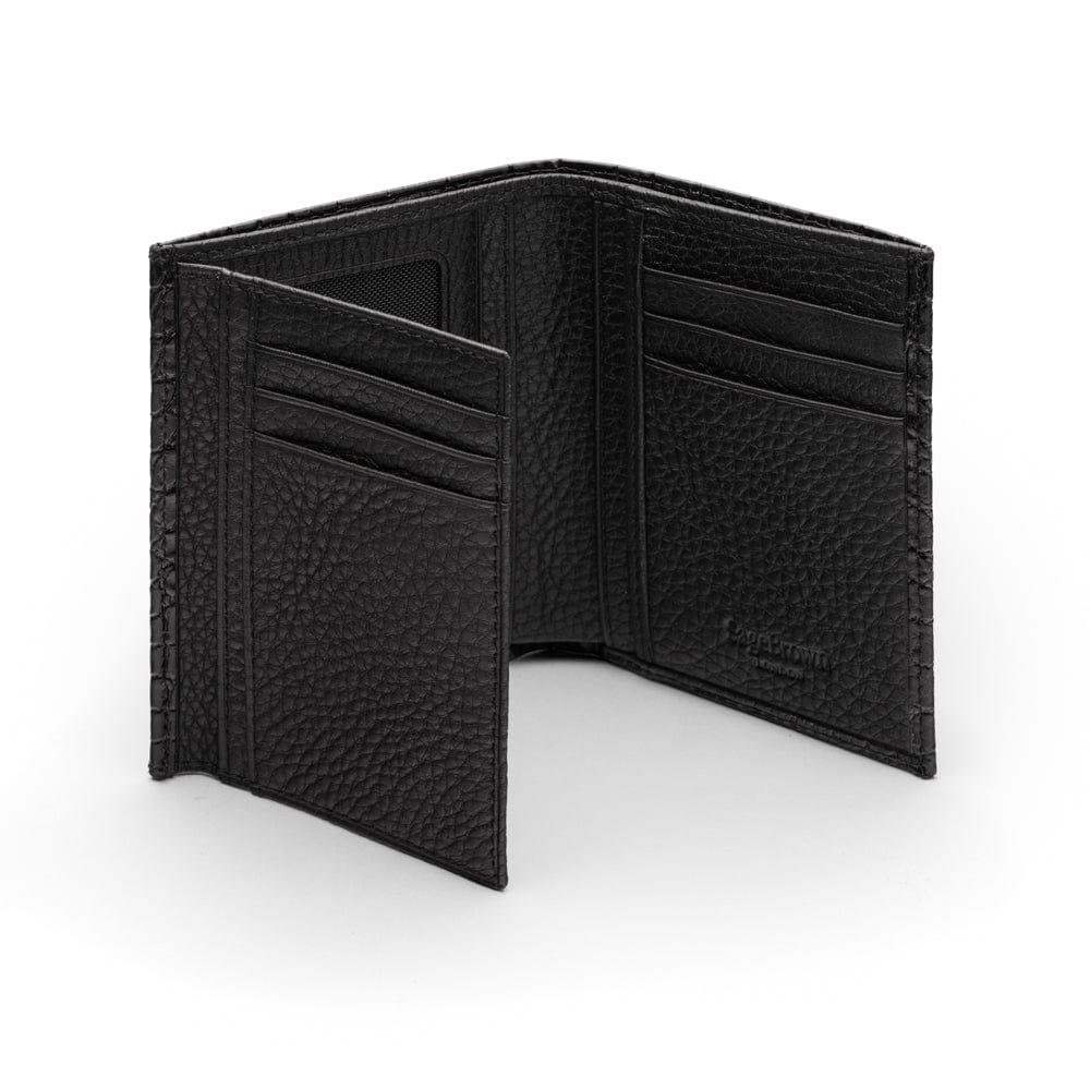 Compact leather wallet with 6 credit card slots and 2 ID windows, black croc, inside