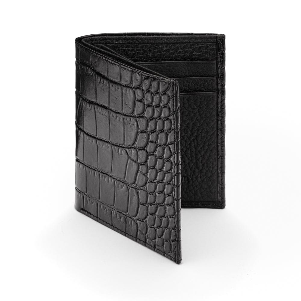 Compact leather wallet with 6 credit card slots and 2 ID windows, black croc, front