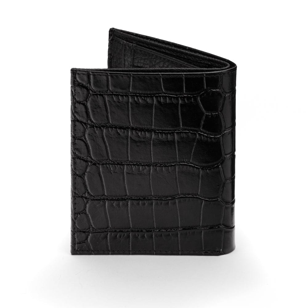 Compact leather wallet with 6 credit card slots and 2 ID windows, black croc, back
