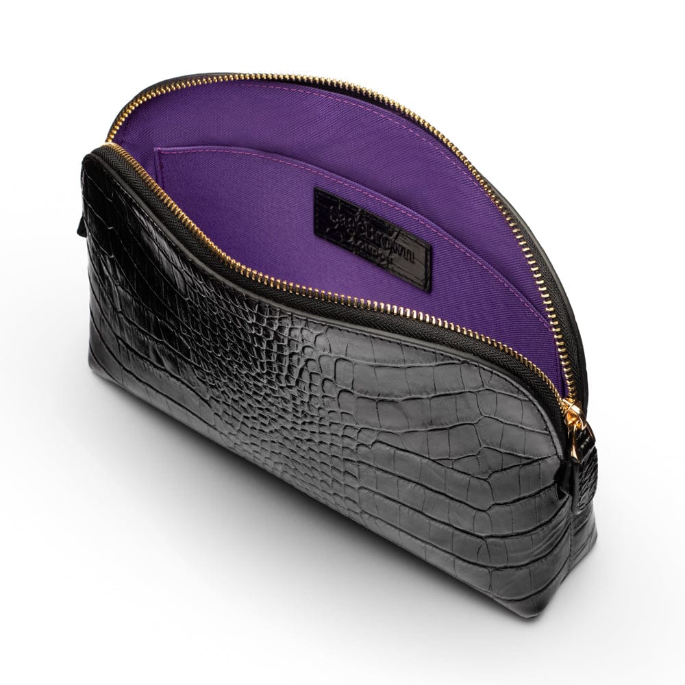 Leather cosmetic bag, black croc, open