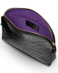 Leather cosmetic bag, black croc, open