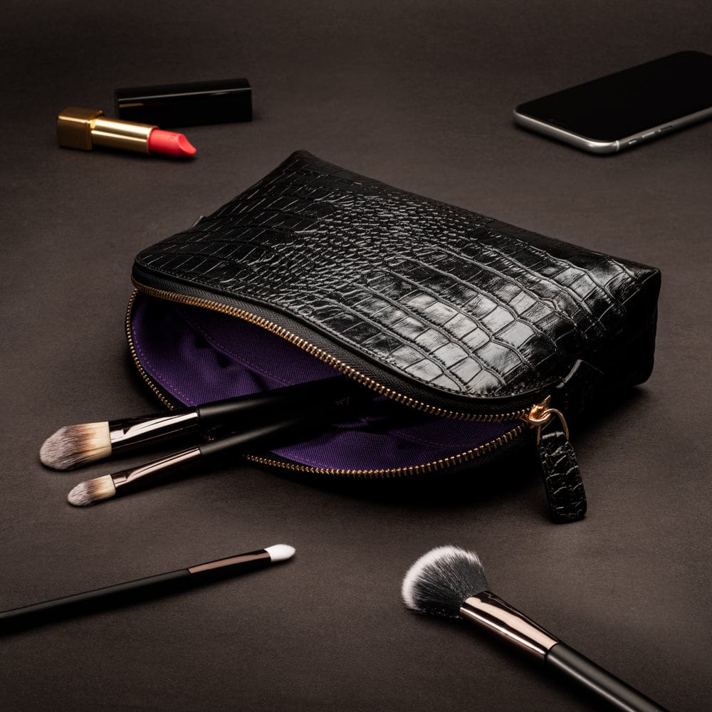 Leather cosmetic bag, black croc, lifestyle