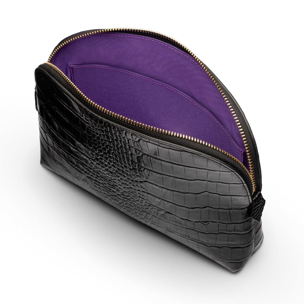 Leather cosmetic bag, black croc, inside view