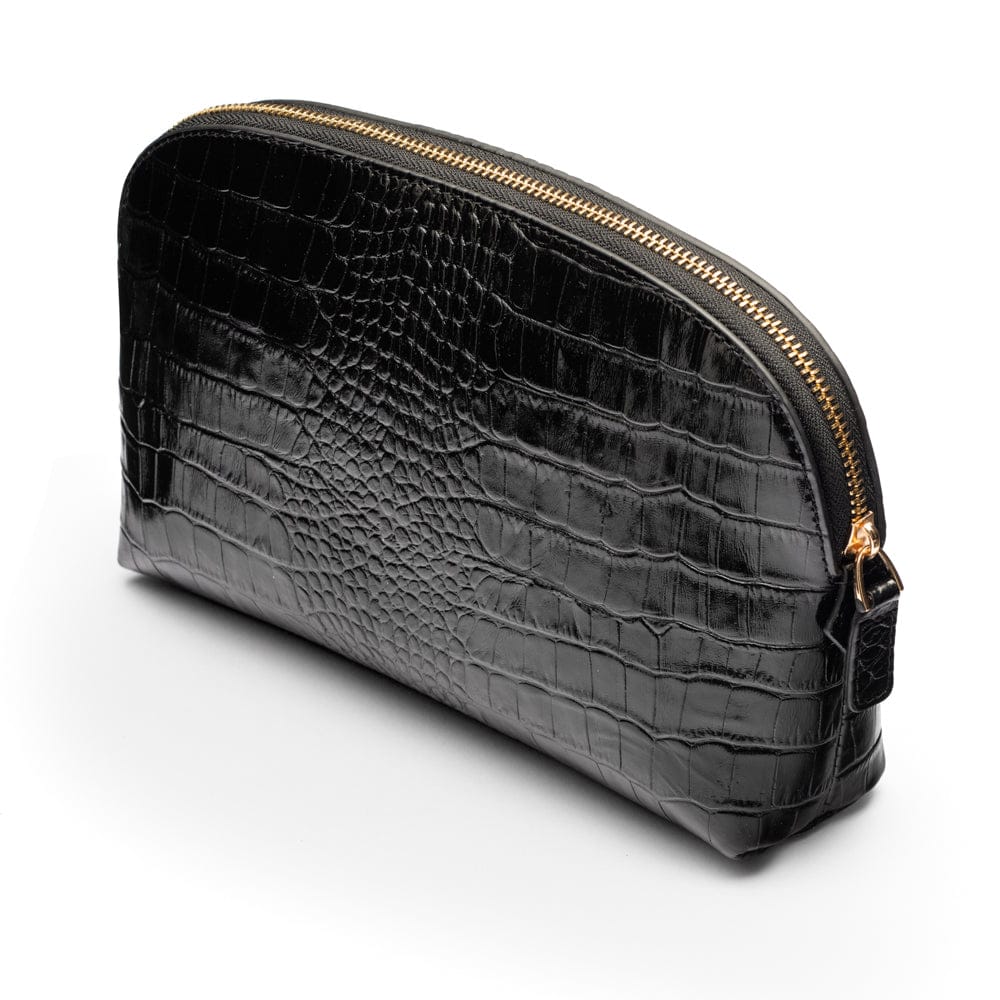 Leather cosmetic bag, black croc, front view
