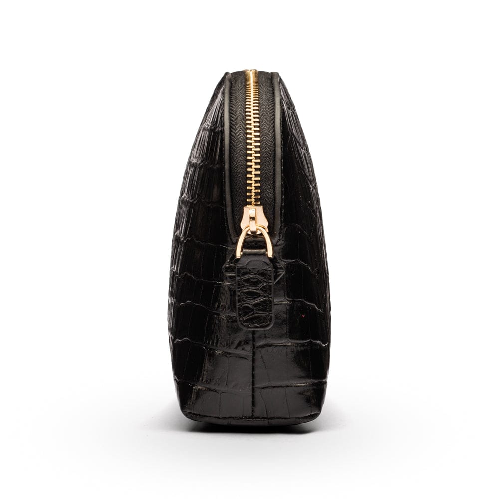 Leather cosmetic bag, black croc, side