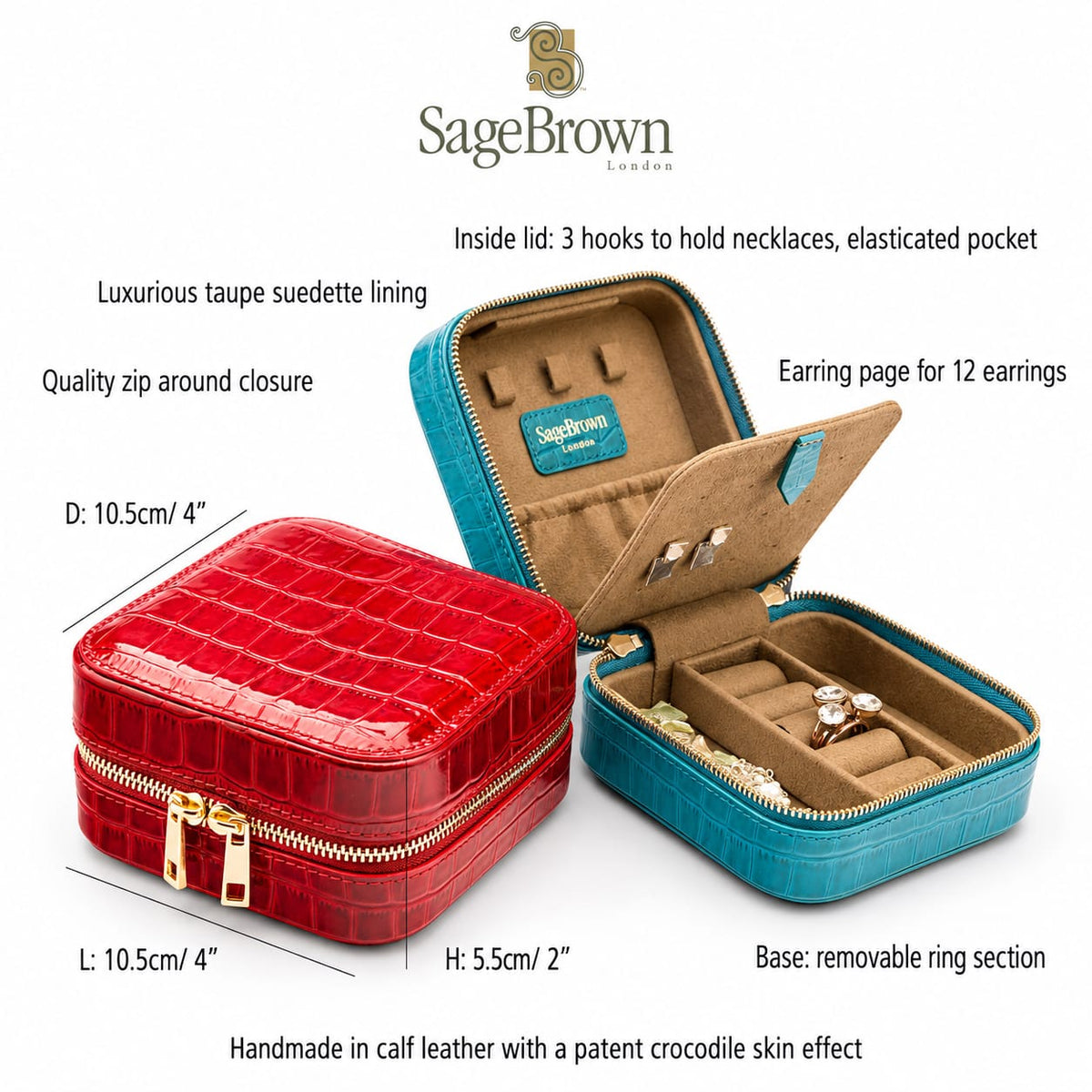 Leather travel jewellery case with zip, features and dimensions