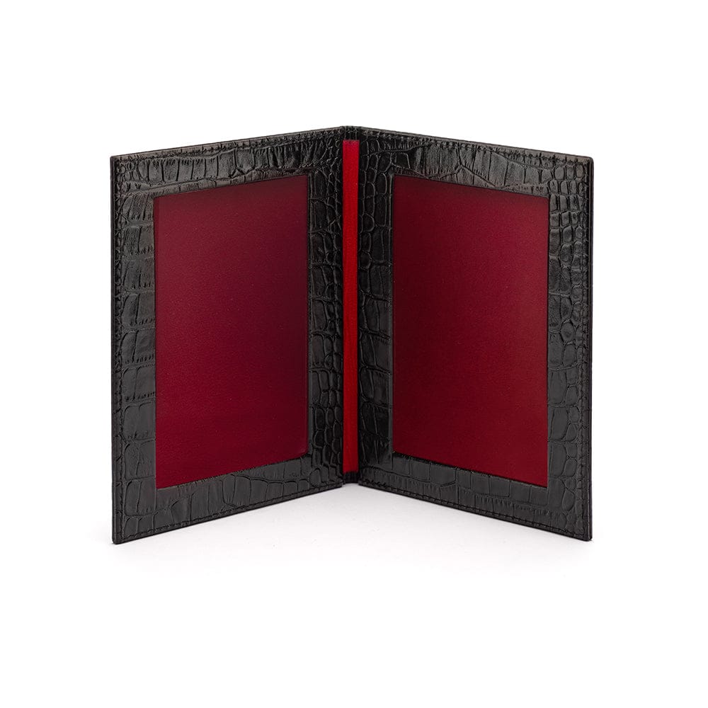 Double leather photo frame, black croc, 6 x 4", open