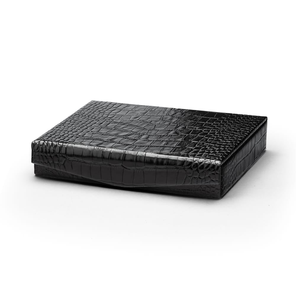 Large Leather Cufflink And Jewellery Box, Black Croc With With Red, front