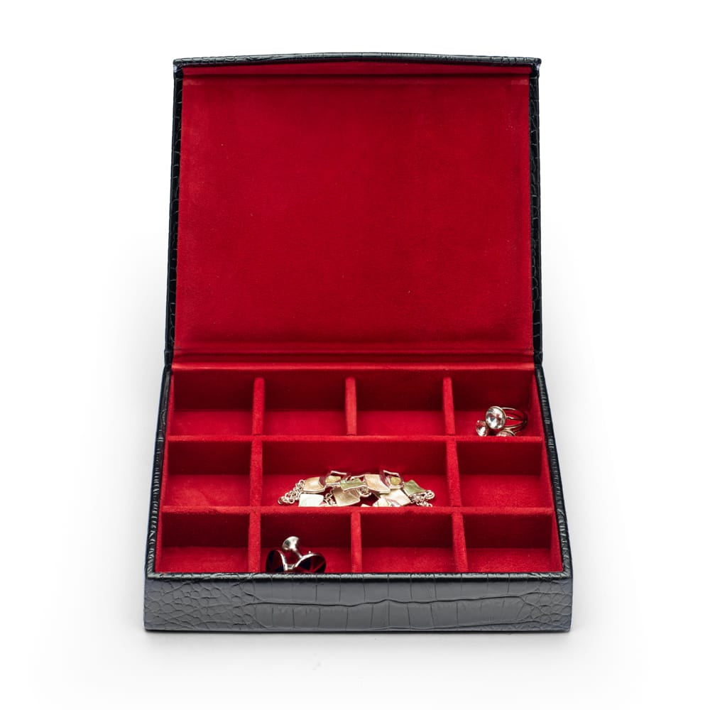 Large Leather Cufflink And Jewellery Box, Black Croc With With Red, open