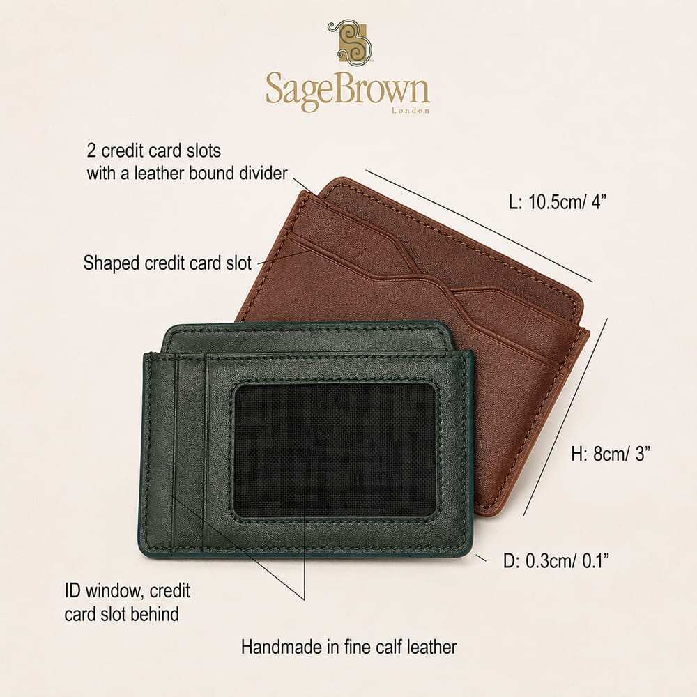 Flat leather credit card holder with ID window, features and dimensions