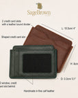 Flat leather credit card holder with ID window, features and dimensions