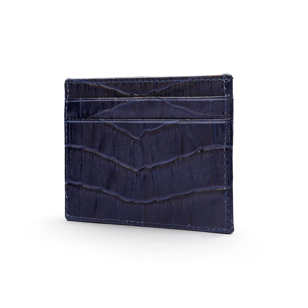 Flat leather credit card wallet 4 CC, navy croc, front side